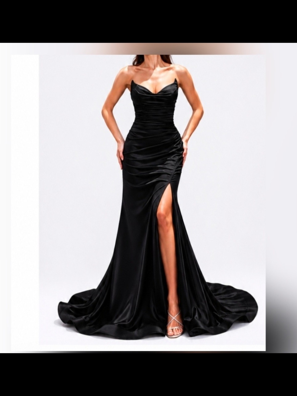Elegant Black Strapless Satin Evening Gown with Side Slit